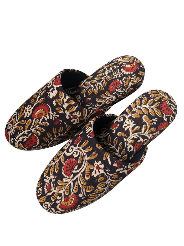 Medium Block Printing Flowers Mix Slippers [Black wool felt soles] MF2206 [Size Medium] - Heiwa Slipper