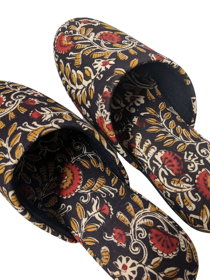 Medium Block Printing Flowers Mix Slippers [Black wool felt soles] MF2206 [Size Medium] - Heiwa Slipper