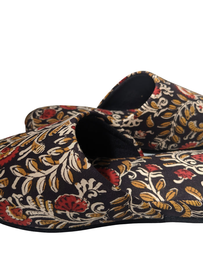 Medium Block Printing Flowers Mix Slippers [Black wool felt soles] MF2206 [Size Medium] - Heiwa Slipper