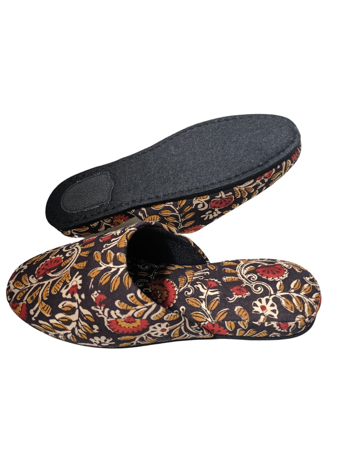 Medium Block Printing Flowers Mix Slippers [Black wool felt soles] MF2206 [Size Medium] - Heiwa Slipper