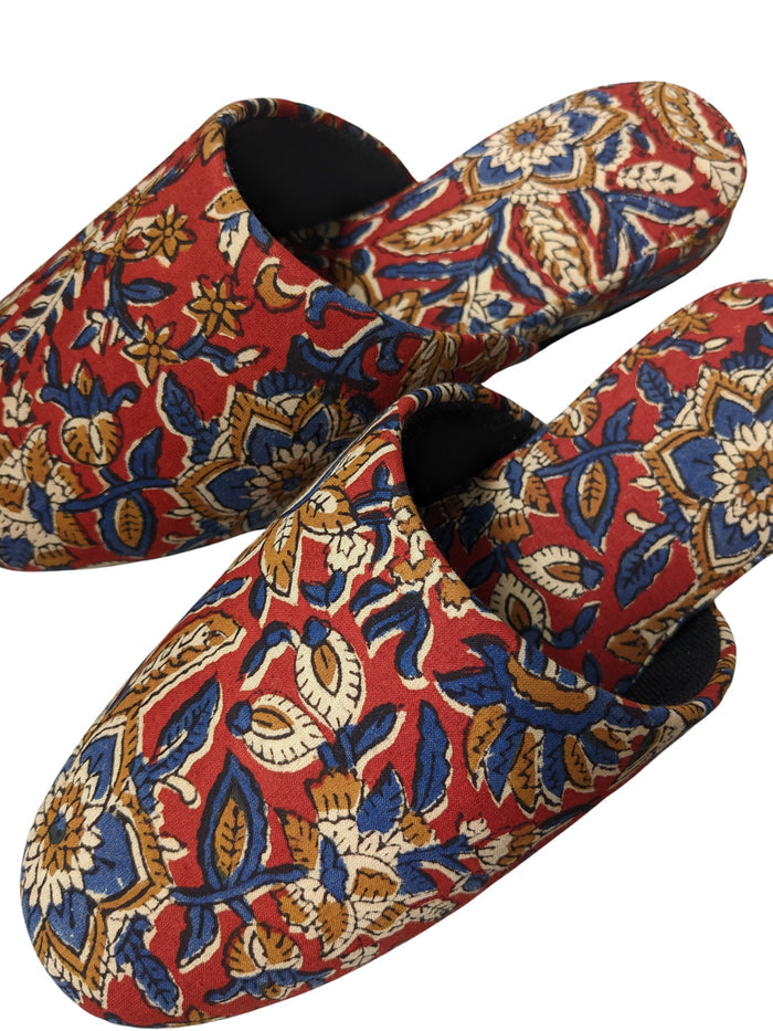 Medium Block Printing Flowers Mix Slippers [Black wool felt soles] MF2207 [Size Medium] - Heiwa Slipper