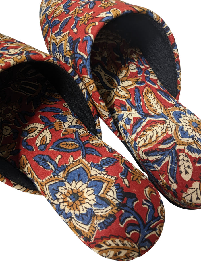 Medium Block Printing Flowers Mix Slippers [Black wool felt soles] MF2207 [Size Medium] - Heiwa Slipper