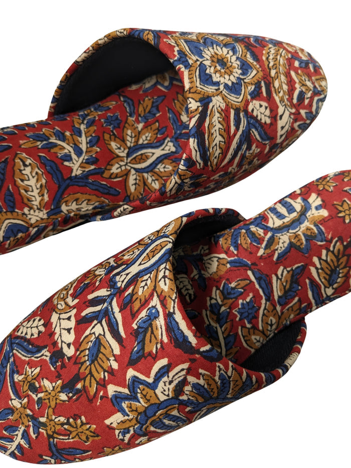 Medium Block Printing Flowers Mix Slippers [Black wool felt soles] MF2207 [Size Medium] - Heiwa Slipper