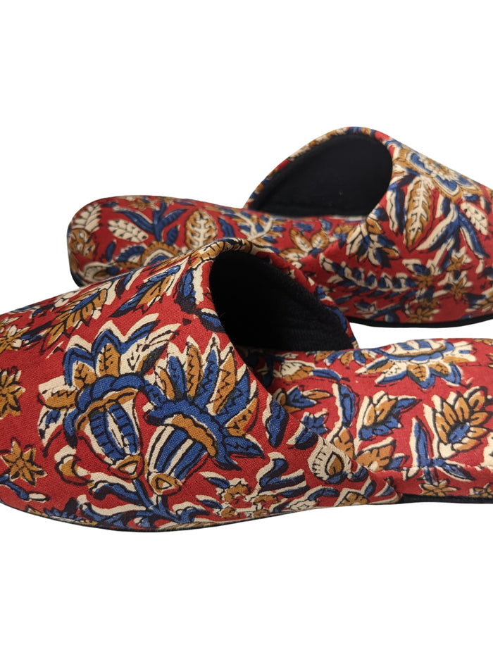 Medium Block Printing Flowers Mix Slippers [Black wool felt soles] MF2207 [Size Medium] - Heiwa Slipper