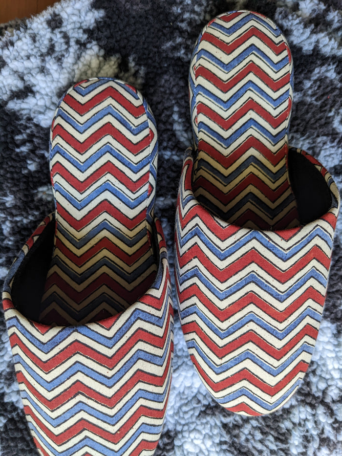 Medium Block Printing Flowers Mix Slippers [Black wool felt soles] MF2208 [Size Medium] zigzag - Heiwa Slipper