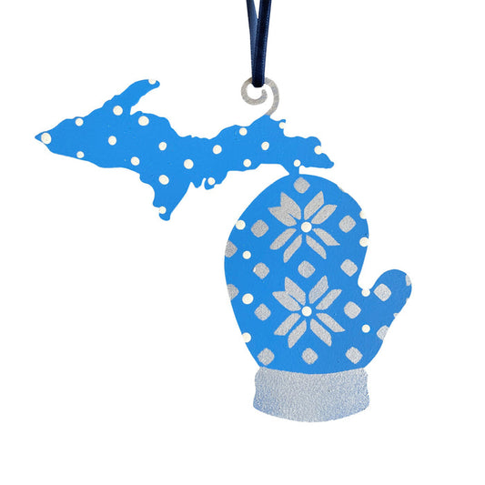 Michigan LP/UP Mitten Ornament Blue/Silver
