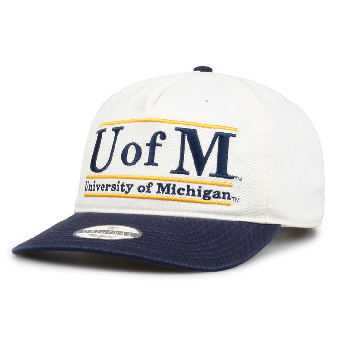 Michigan Original Bar snapback hat showing embroidered front design and curved brim, angled view