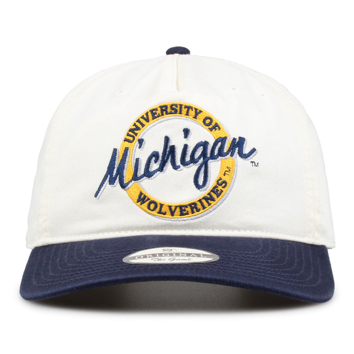 Michigan Original Circle snapback hat with embroidered school design, front view