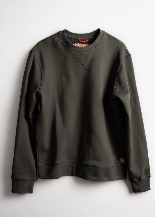 Dark green crewneck sweatshirt with ribbed cuffs and hem, displayed on a white background. Simple, casual design.