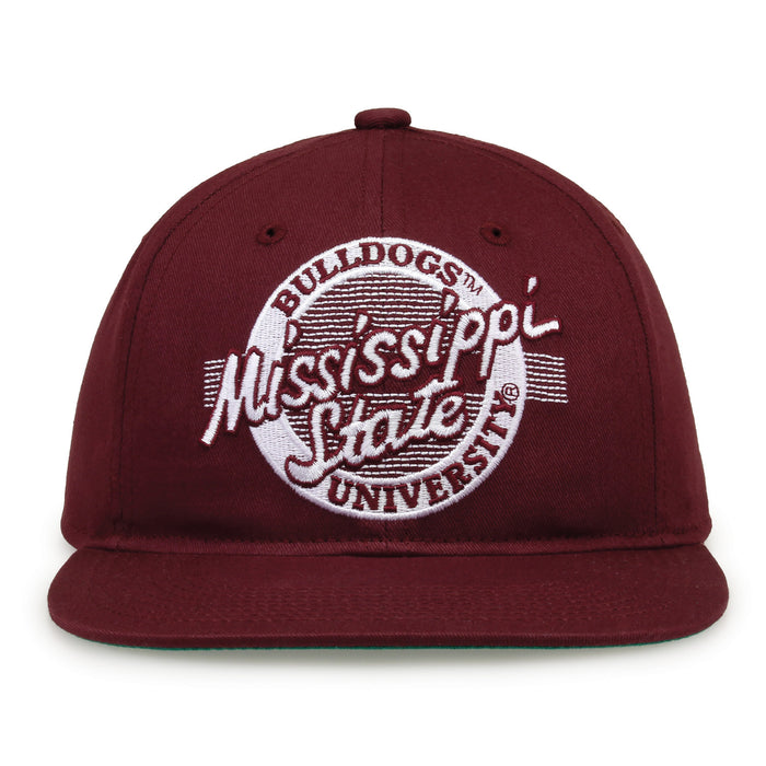 Mississippi State Retro Circle snapback hat in maroon, front view