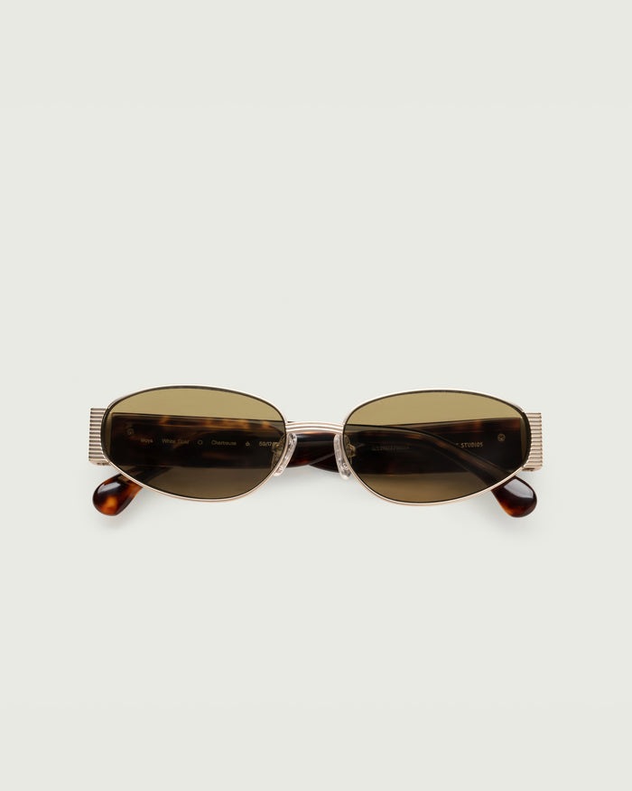 White Gold Chartreuse::Rue Sunglasses cateye Gold metal top