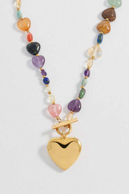 Multi-Gemstone Heart and Pebble T-Bar Necklace