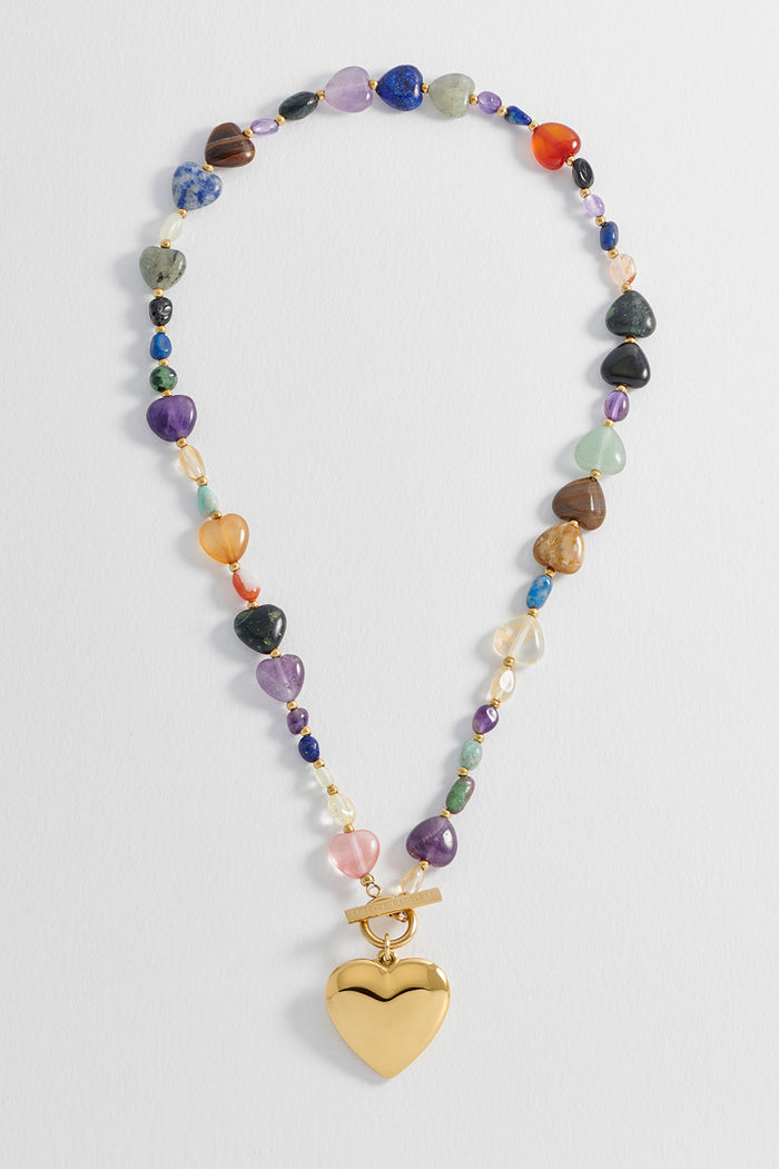Multi-Gemstone Heart and Pebble T-Bar Necklace