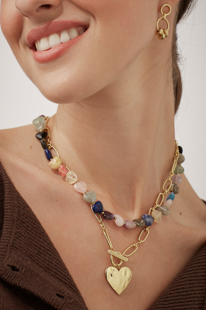 Multi-Gemstone Heart T-Bar Necklace
