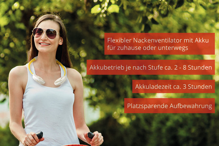 Eine Frau mit Sonnenbrille und weißem Oberteil steht lächelnd im Freien und trägt den Unold NACKENVENTILATOR BREEZY um den Hals. Der Text hebt die Eigenschaften dieses Nackenventilators hervor, wie die lange Akkulaufzeit und die Möglichkeit zur mobilen Aufbewahrung.