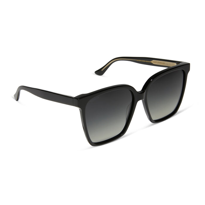 iconica diff eyewear naomi square oversized sunglasses with a black acetate frame and grey gradient polarized lenses angled view