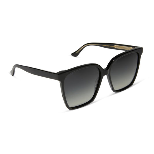 iconica diff eyewear naomi square oversized sunglasses with a black acetate frame and grey gradient polarized lenses angled view