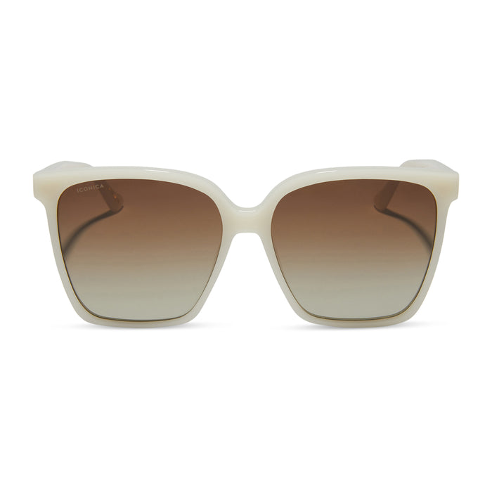 iconica diff eyewear naomi square oversized sunglasses with a meringue cream colored acetate frame and brown gradient polarized lenses front view