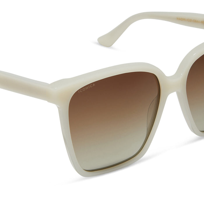 iconica diff eyewear naomi square oversized sunglasses with a meringue cream colored acetate frame and brown gradient polarized lenses detailed view