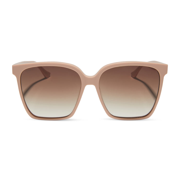 iconica x diff eyewear naomi square oversized sunglasses with a nude acetate frame and brown gradient polarized lenses front view