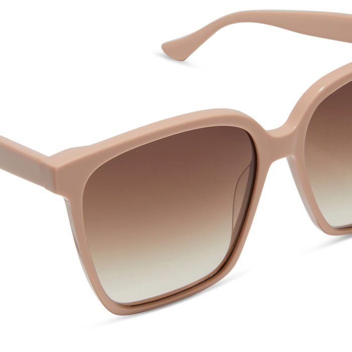 iconica x diff eyewear naomi square oversized sunglasses with a nude acetate frame and brown gradient polarized lenses detailed view