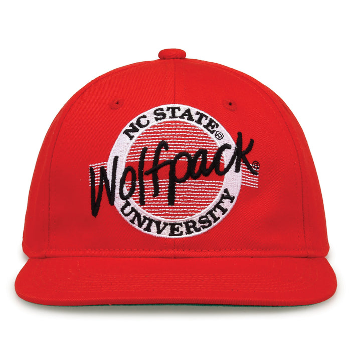 NC State Retro Circle snapback hat in red, front view