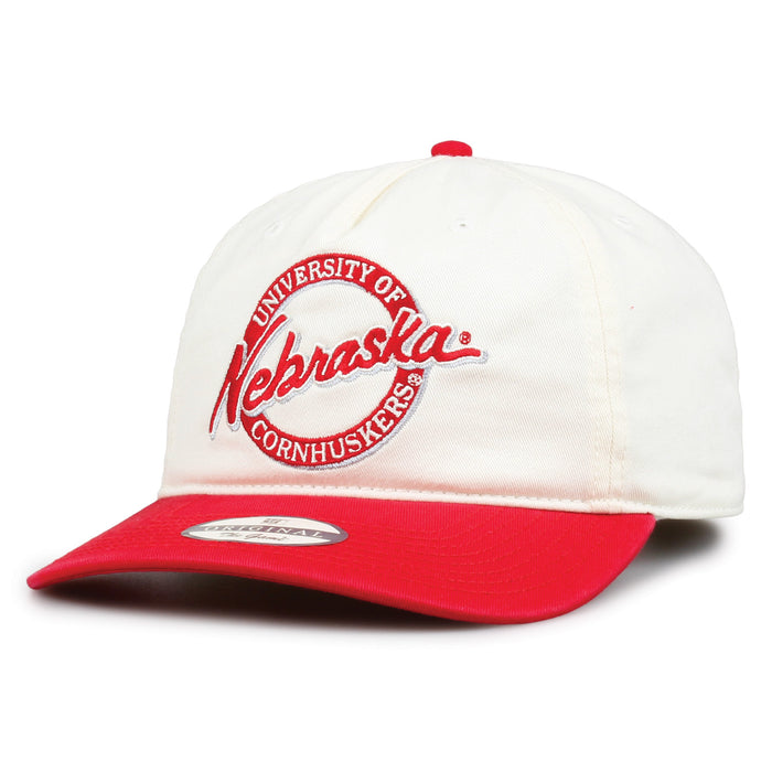 Nebraska Original Circle snapback hat showing embroidered front design and curved brim, angled view