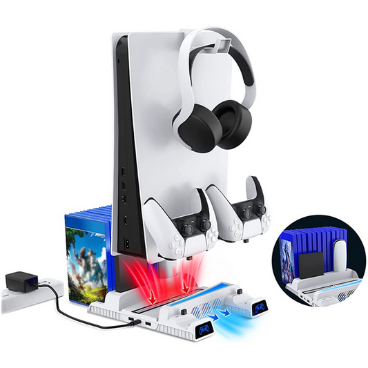 PS5 vertical stand with controllers charger, RGB LED light, AC adapter, hard drive & remote slots