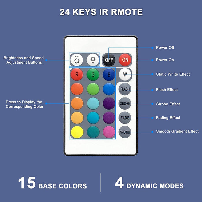 Display the functions of each button on a 24-key IR remote control in one image.