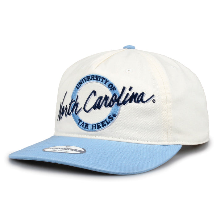 North Carolina Original Circle snapback hat showing embroidered front design and curved brim, angled view