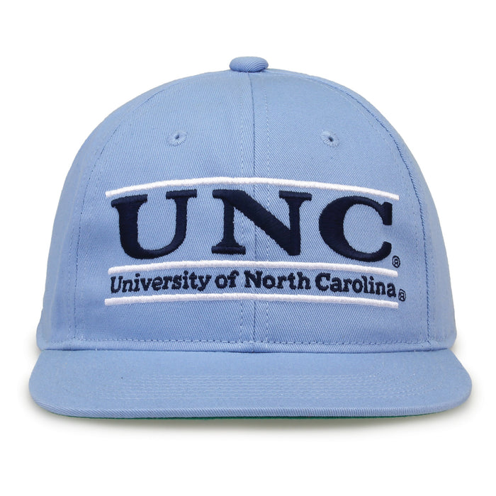 North Carolina Retro Bar snapback hat in light blue, front view