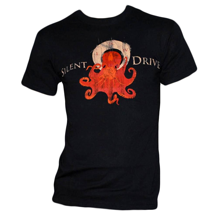 A black Silent Drive T-shirt by Fruit of the Loom featuring an orange octopus graphic centered on the front, with "SILENT DRIVE" printed in white on each side of the octopus.