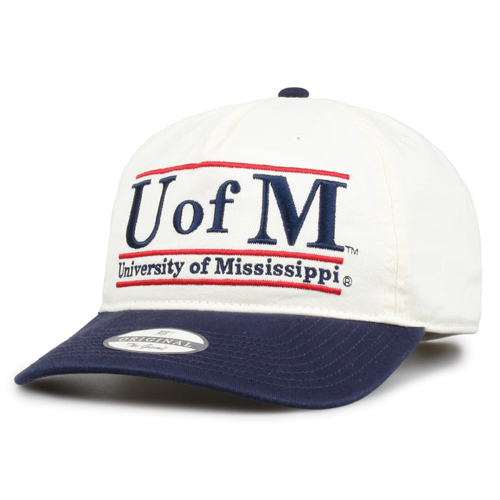 Ole Miss Original Bar snapback hat showing embroidered front design and curved brim, angled view