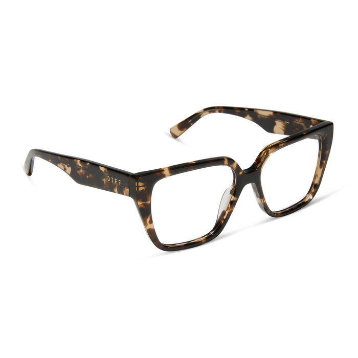diff eyewear featuring the olive square glasses with a espresso tortoise frame and prescription lenses angled view