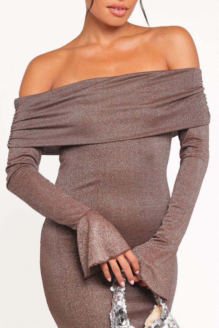 Petal and Pup USA DRESSES Oraton Off Shoulder Maxi Dress - Brown