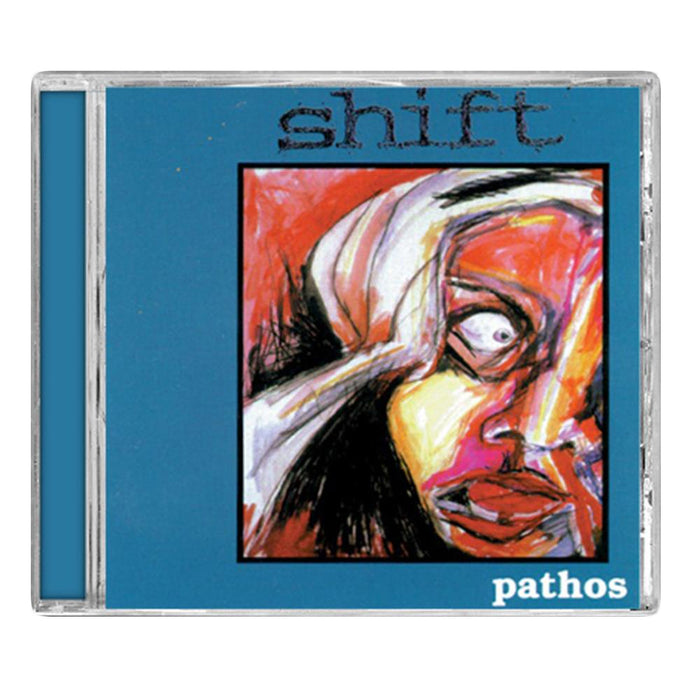 CD cover with a blue background features abstract art of a startled face in red, white, and black. Shift branding is at the top, pathos at the bottom right, and sunflower accents make this design stand out.