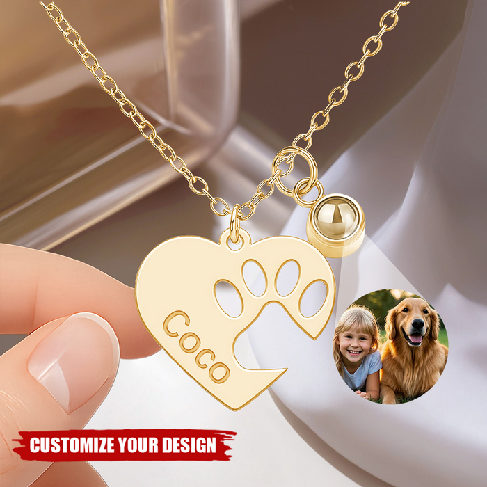 Personalized Paw Name Projection Necklace with Heart, Projection Photo Necklace