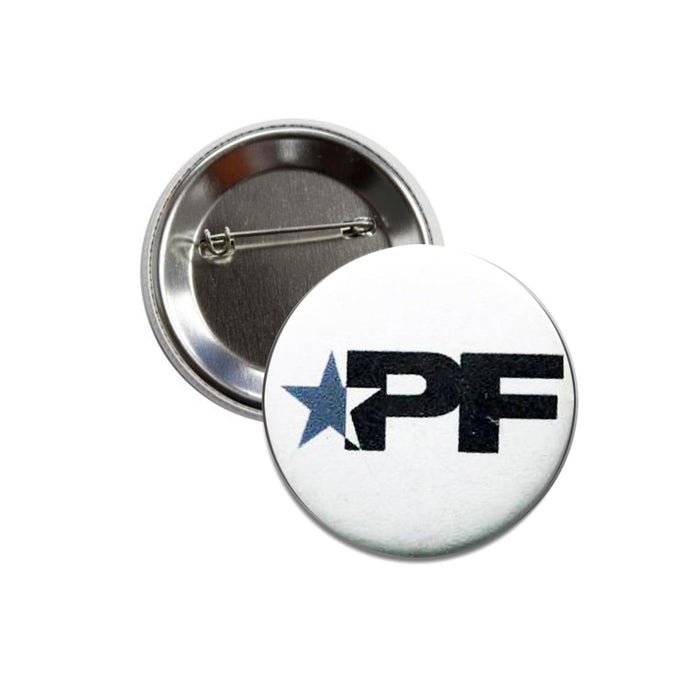 A round pin-back button featuring the Prevent Falls (PF) blue star logo and bold black letters "PF" on a white front, with a metallic back.