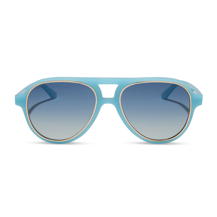 iconica x diff eyewear pia oversized aviator sunglasses with a parasido blue acetate frame and paradiso blue polarized lenses front view