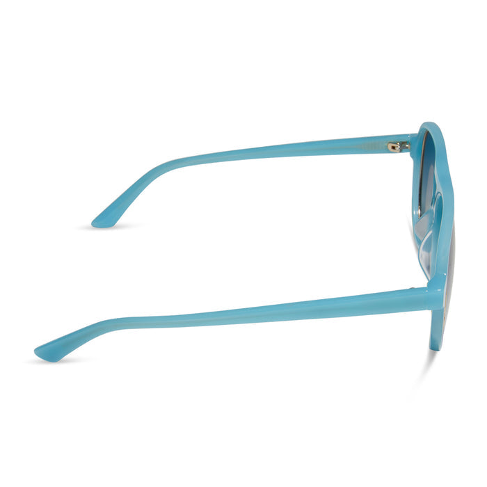 iconica x diff eyewear pia oversized aviator sunglasses with a parasido blue acetate frame and paradiso blue polarized lenses side view