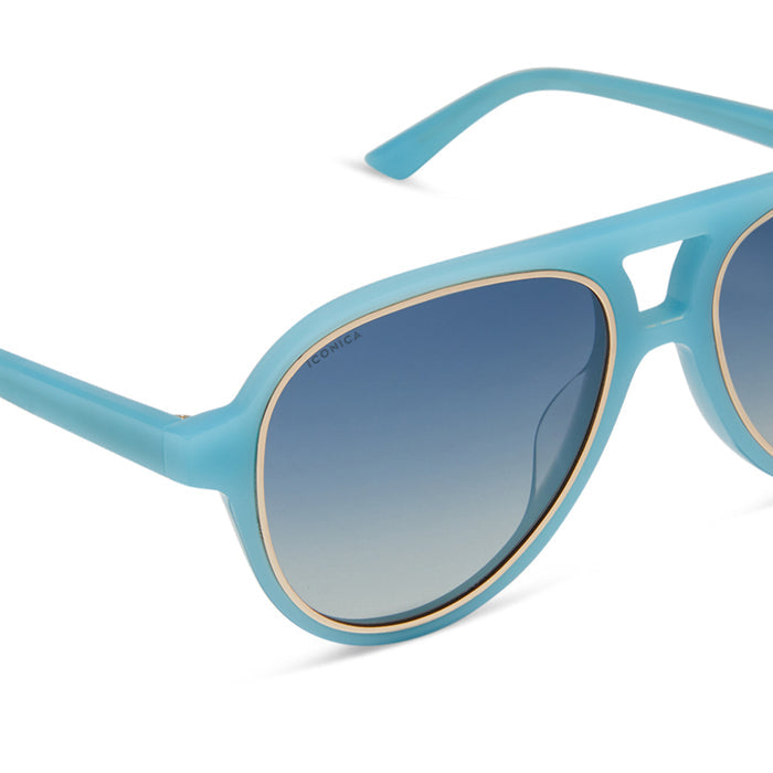 iconica x diff eyewear pia oversized aviator sunglasses with a parasido blue acetate frame and paradiso blue polarized lenses detailed view