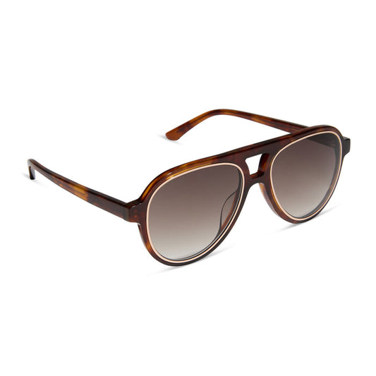 iconica featuring the pia aviator sunglasses with a salted caramel tortoise frame and brown gradient polarized lenses angled view