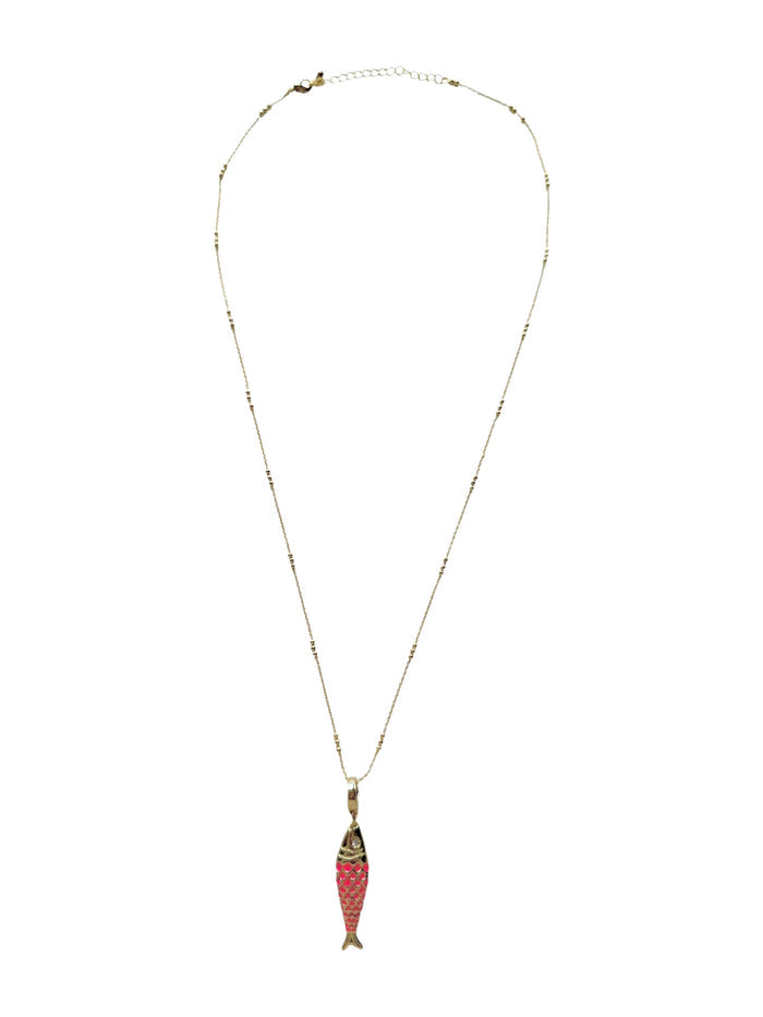 Pink fish statement gold necklace for summer layering jewellery look