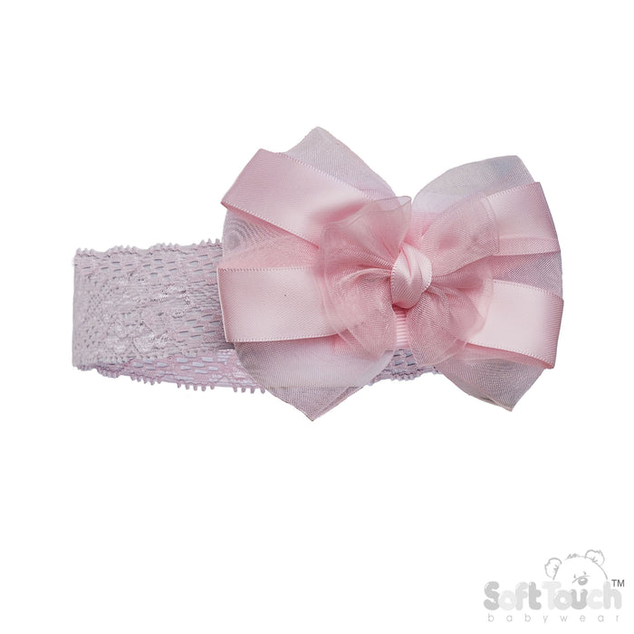 PINK LACE HEADBAND W SATIN/ORGANZA BOW  (PK 12) HB116-P