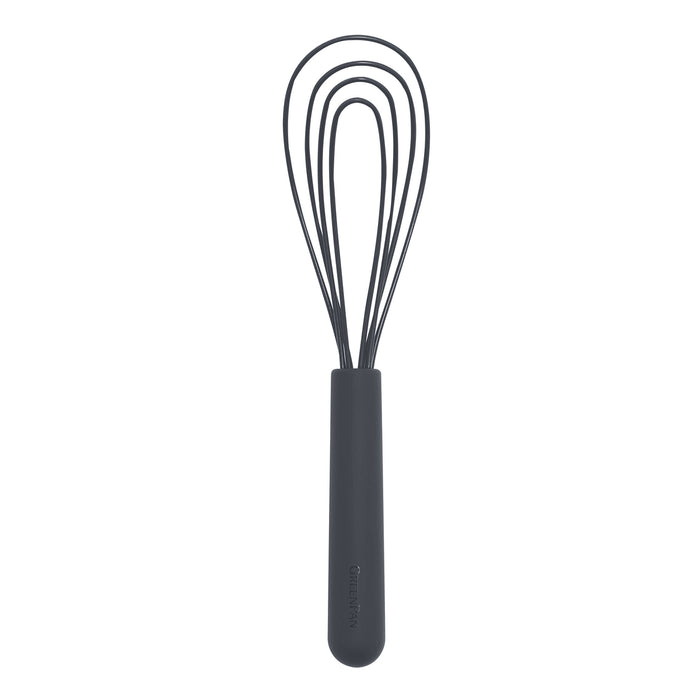 Gray silicone flat whisk with a straight handle, shown on a white background.