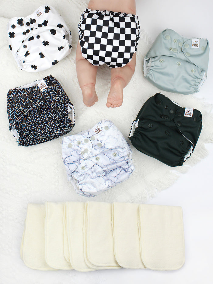 POCKET DIAPER 3.0 WITH INSERTS - 6 PACK(B&W)
