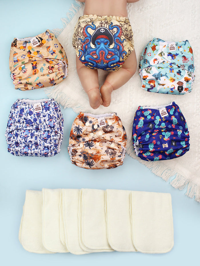 POCKET DIAPER 3.0 WITH INSERTS - 6 PACK(Pirates are coming)