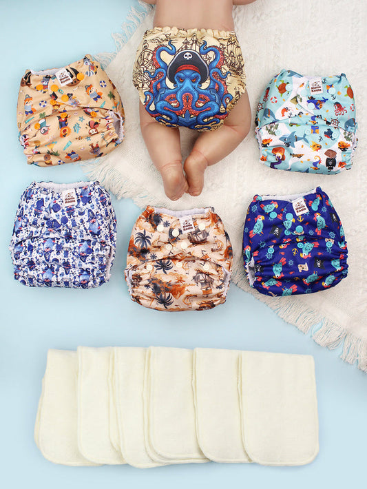 POCKET DIAPER 3.0 WITH INSERTS - 6 PACK(Pirates are coming)