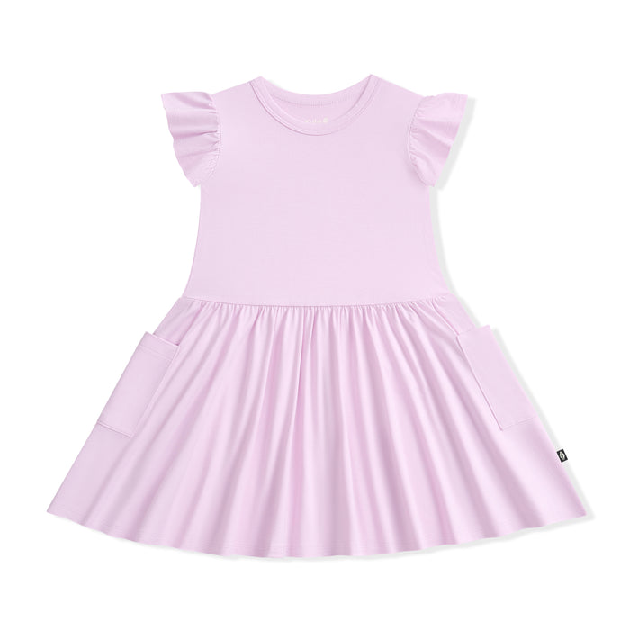 Lavender dress with ruffled sleeves on a white background