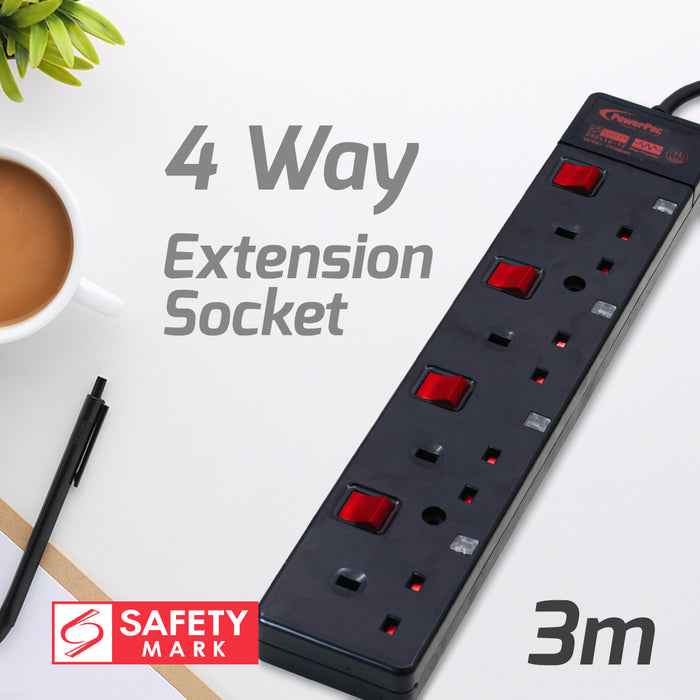 PowerPac Extension Cord, Extension Socket, Power Cord, Power Extension 3 Metre 4 way (PP3884BK)